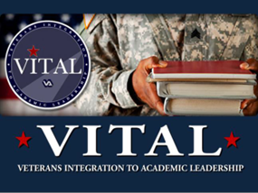 student holding books with the word VITAL next to it